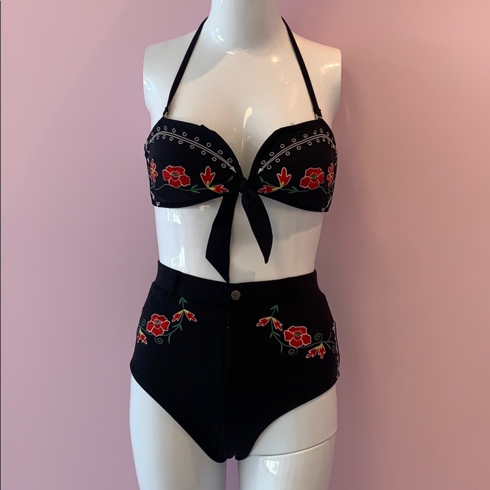 Nasty Gal Black Bikini Set with Red Floral Embroidery